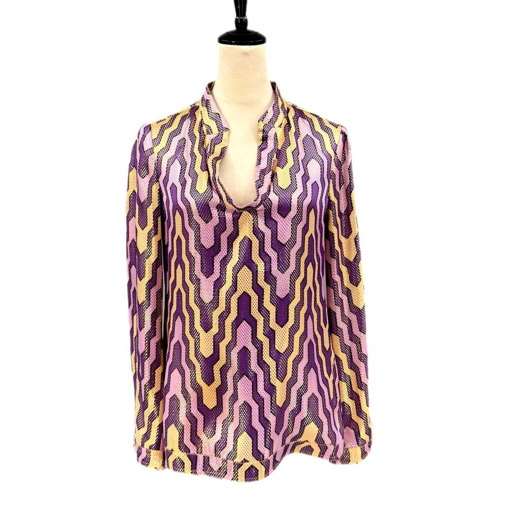 Tory Burch Stephanie Silk Purple Chevron Gold Metallic Retro Long Sleeve Tunic